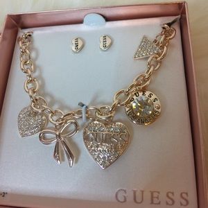GUESS Heart Charm Necklace & Earrings Rose Gold